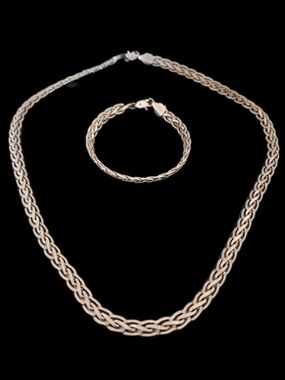 Solid 925 Sterling Silver Braided Flat Wheat Chain Set - 19" Necklace & 7" Brace
